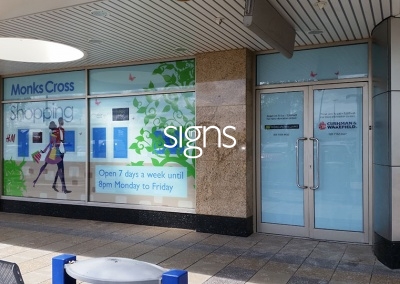 Monks Cross Shopping Window Vinyl Signs